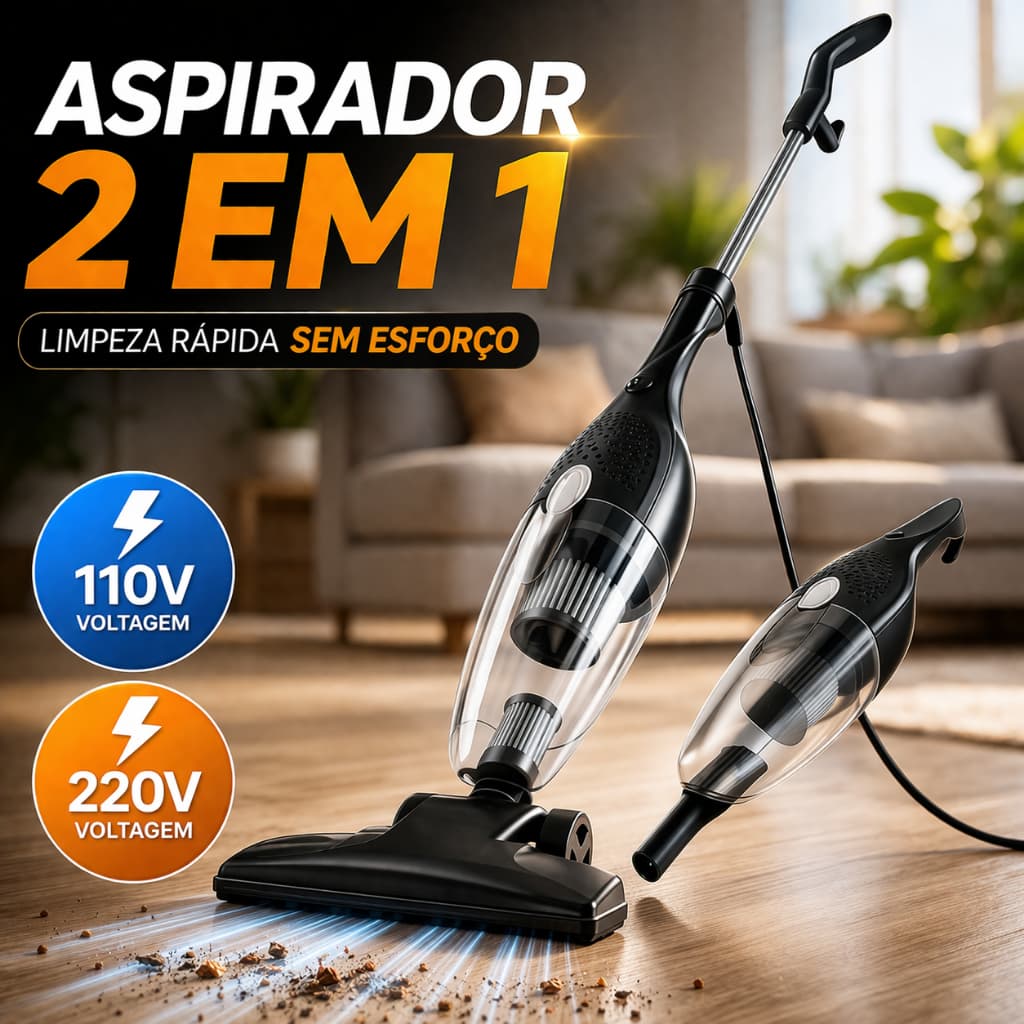Aspirador de Pó Vertical 2 em 1 600W Portátil Forte Sucção Casa Carro 110V 220V - OFERTA