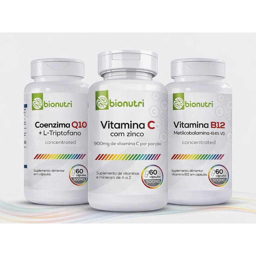 KIT VITAMINA B12 + VITAMINA C COM ZINCO + COENZIMA Q10 BIONUTRI 60 CÁPS CADA