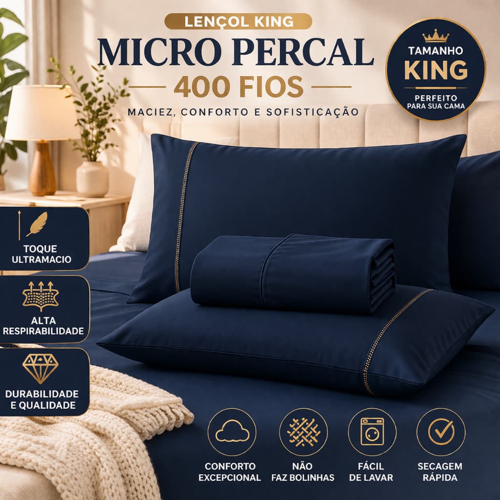 Jogo de Lençol Casal King Percal 400 Fios 100% Macio Fronha Com Ponto Palito 03 Peças