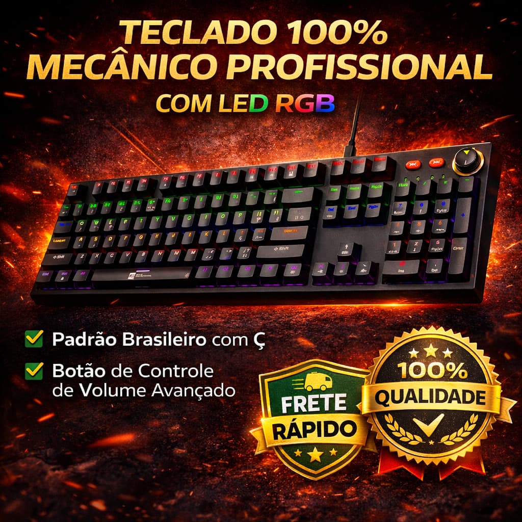 Teclado Gamer Mecânico 100% RGB ABNT2 (Ç) Profissional Compacto Iluminação Ajustável alta performace