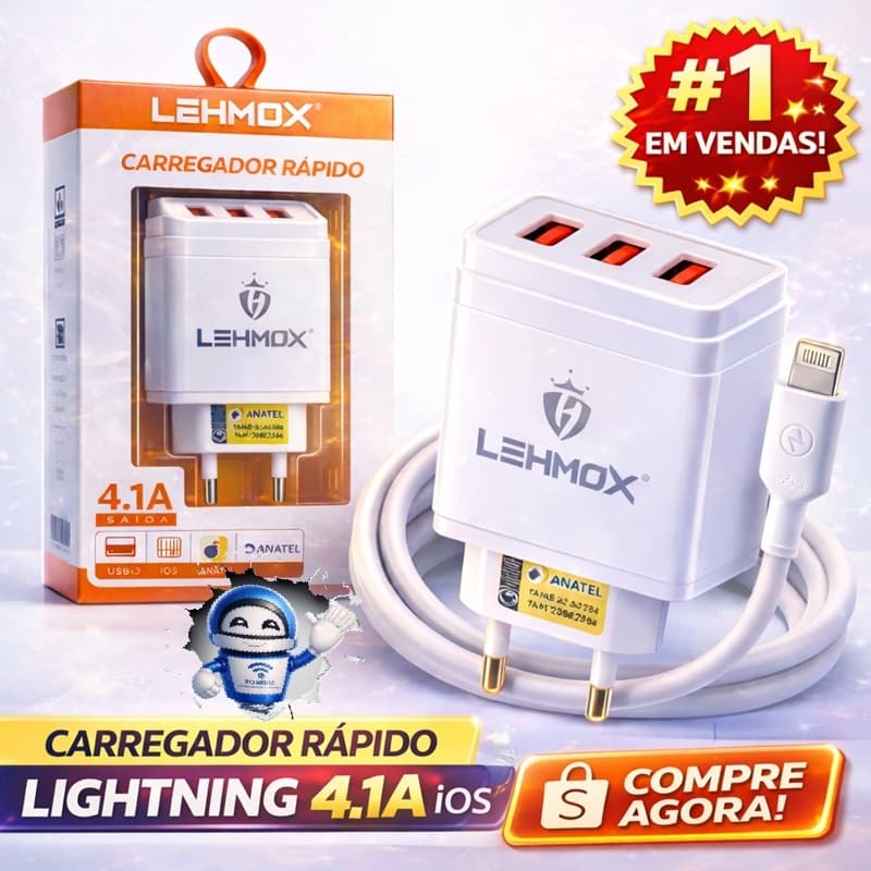 Carregador Rápido Lehmox 4.1A Lightning iPhone iOS LE-608 Original 3 USB + Cabo(Liso) Incluso | Carga Ultra Rápida