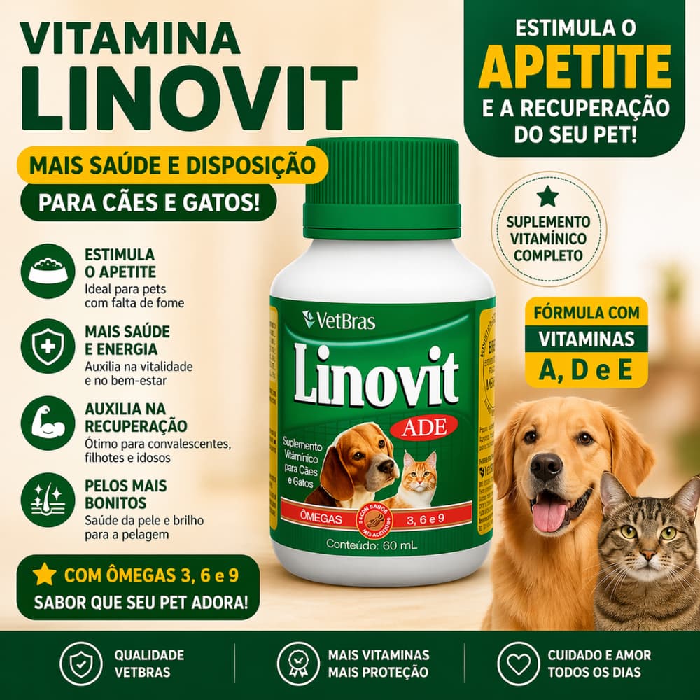 Suplemento Vitamínico Ômega Cães Gatos Linovit Ade 60ml Pelo Brilhante Queda Vitamina