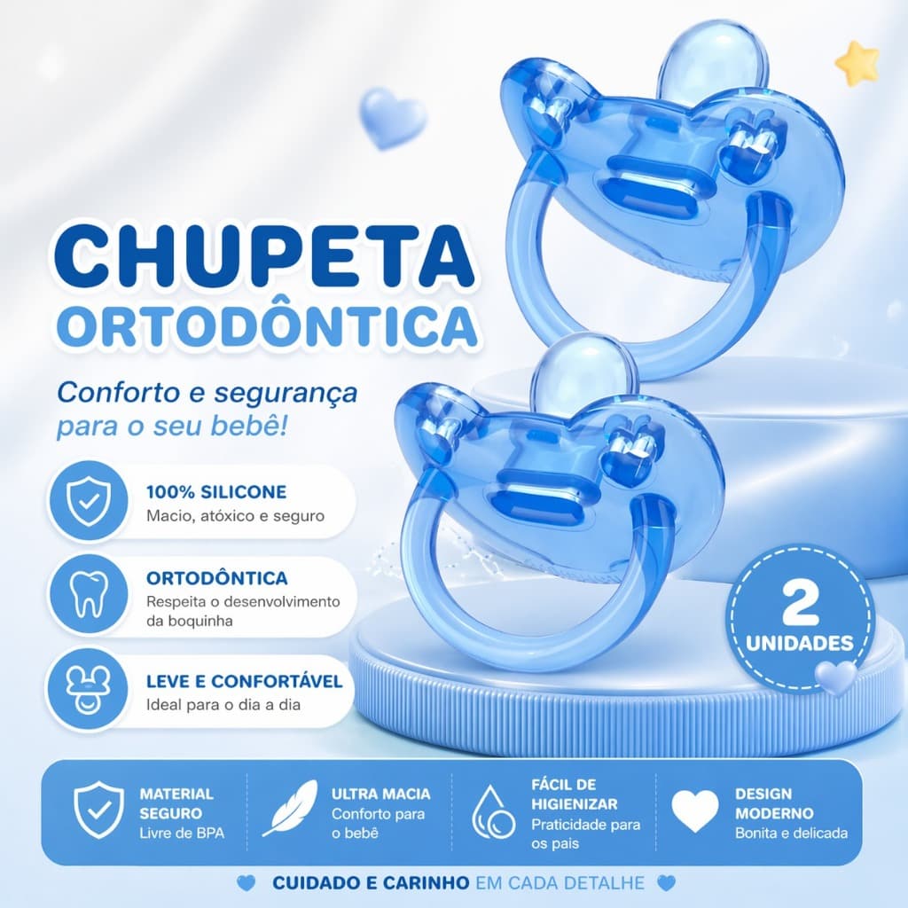 Kit 2 Chupetas 100% Silicone Bico Ortodôntico Bebês 6 meses+ (0125)