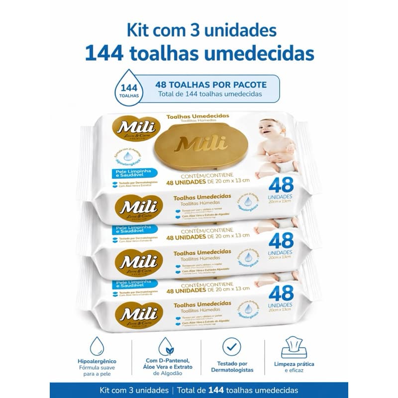Kit 3 Lenços Umedecidos Mili 144 Unid Toalhas Umedecida Bebê