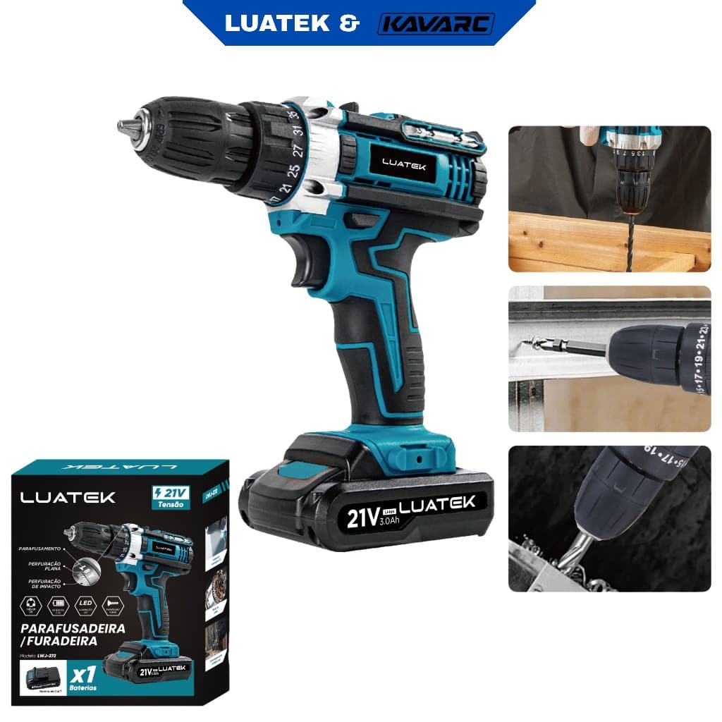 Kit Furadeira Parafusadeira de Impacto Sem Fio Profissional Baterias Motor Brushless -Luatek