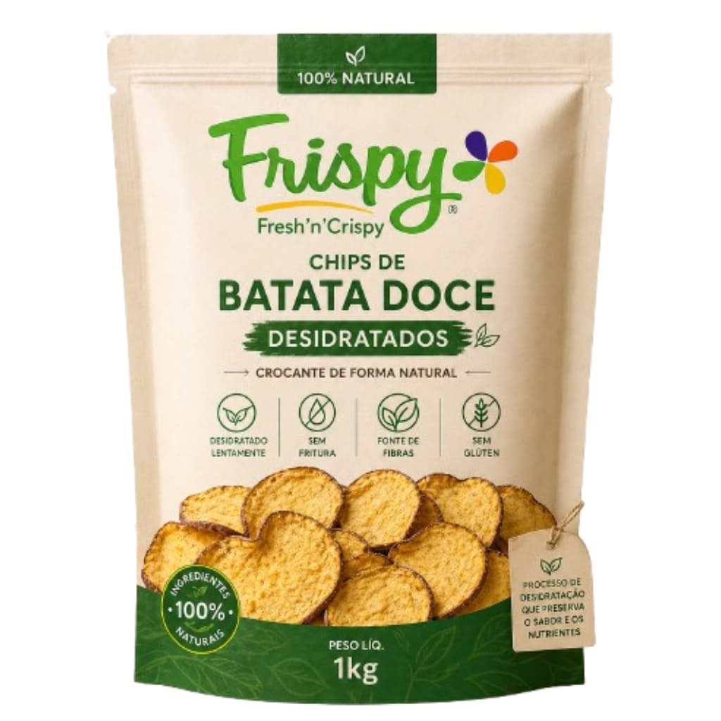Chips Vegano de Batata Doce Desidratada Frispy 1kg Crocante Saudável Natural Sem Conservantes