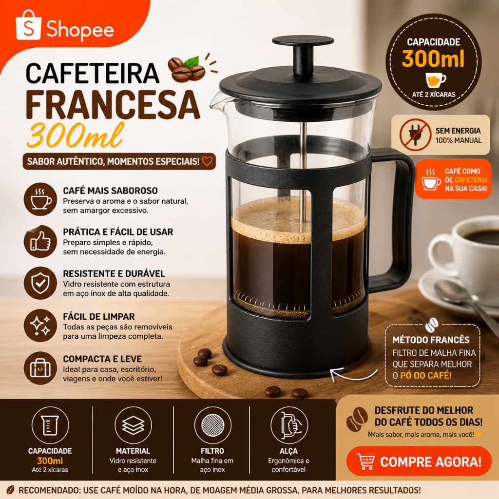 Cafeteira Francesa Prensa  Café Cremeira 300ml Café Expresso Leite Cremoso Barista Cafezinho