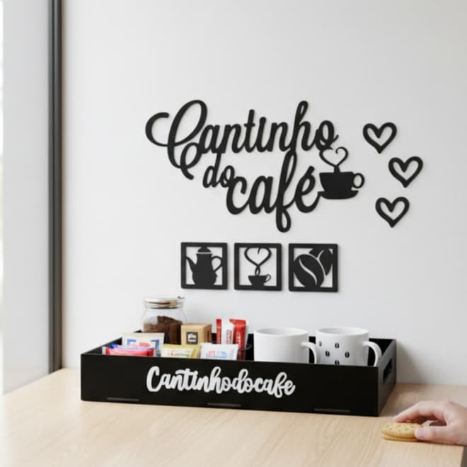 Kit Bandeja Lisa + Apliques Cantinho do Café Grão Coração em MDF Preto