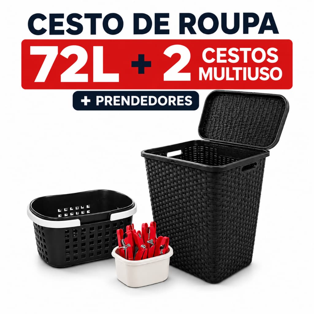 Cesto Roupa 72L + 2 Cesto Multiuso + Prendedores Plásticos Resistente Banheiro Área de Serviço Lavanderia Organizada