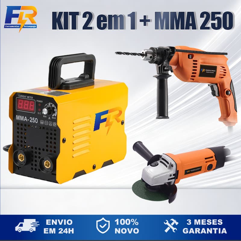 Kit Máquina de Solda MMA250 + Furadeira de impacto e Esmerilhadeira Lixadeira 2 em 1 (110V/220V)
