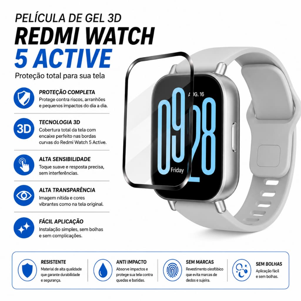 Película Gel 3D Redmi Watch 5 Active Proteção Total Anti Impacto Anti Risco HD Cobertura Completa