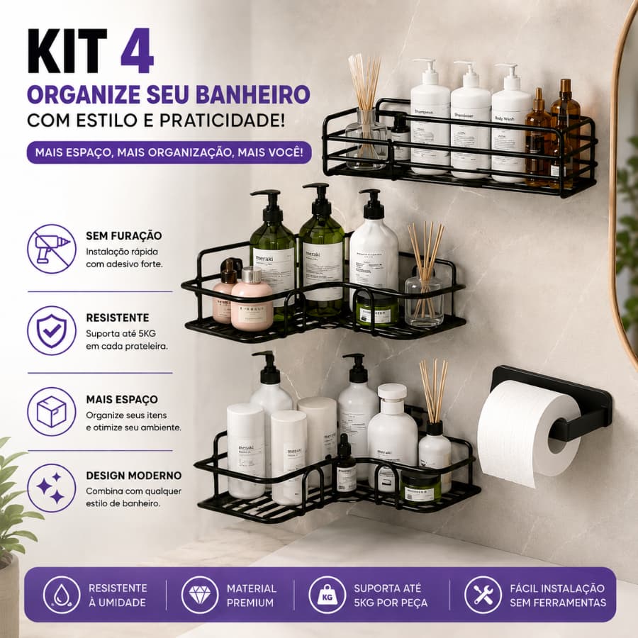Kit 4 Prateleiras Parede Banheiro Suporte Com Alto Adesivos Para Banheiro Cozinha Shampoo E Sabonete