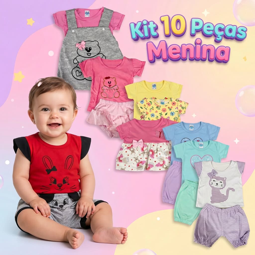 Kit 10 Peças Menina Bebê Infantil Peças de Roupas Verão Infantil Fashion Short Blusa Algodão