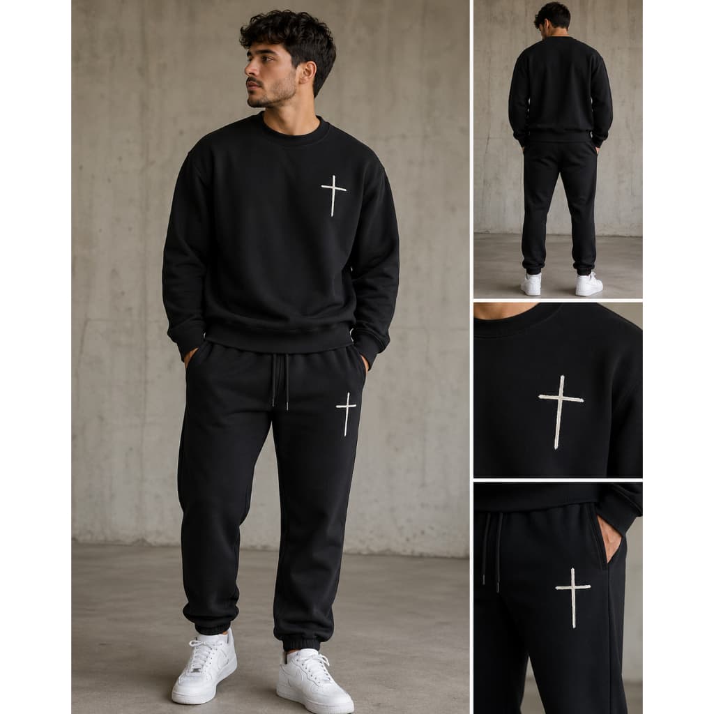 Conjunto de Moletom Cruz, Moletom Gola Redonda(Careca) e Calça Moletom com Estampa da Cruz de Qualidade!!