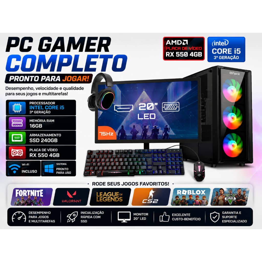 Pc Gamer Completo Intel I5 3ª 16gb Rx 550 4gb Ssd 240gb - Monitor 20'' wifi