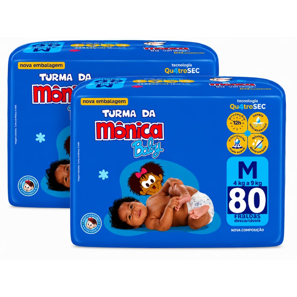 Fraldas Descartáveis Turma da Mônica Baby M ( 4 a 9 Kilos) Kit 2  Pacotes com 80 Fraldas Cada
