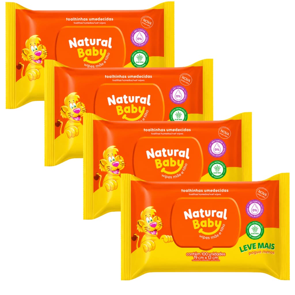 Toalhas Umedecidas Kit 4 Pacotes Natural Baby 100 Unidades Flip Top Líder de Qualidade