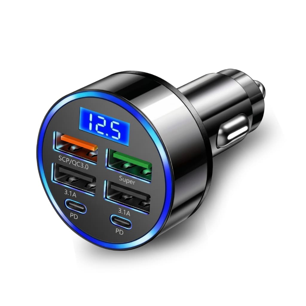 Adaptador de carro Carregador celular rapido 6 Portas 2 USB-C 4 USB-A Smartphone Tablet 12v preto
