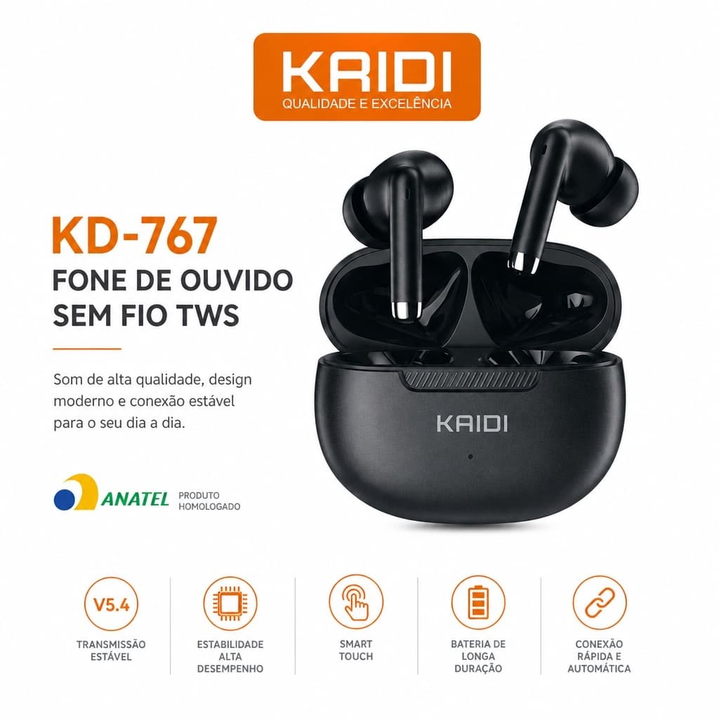 KAIDI KD-767 Fone de Ouvido Bluetooth TWS Sem Fio | Som HiFi | Estojo de Carregamento | Preto/Branco