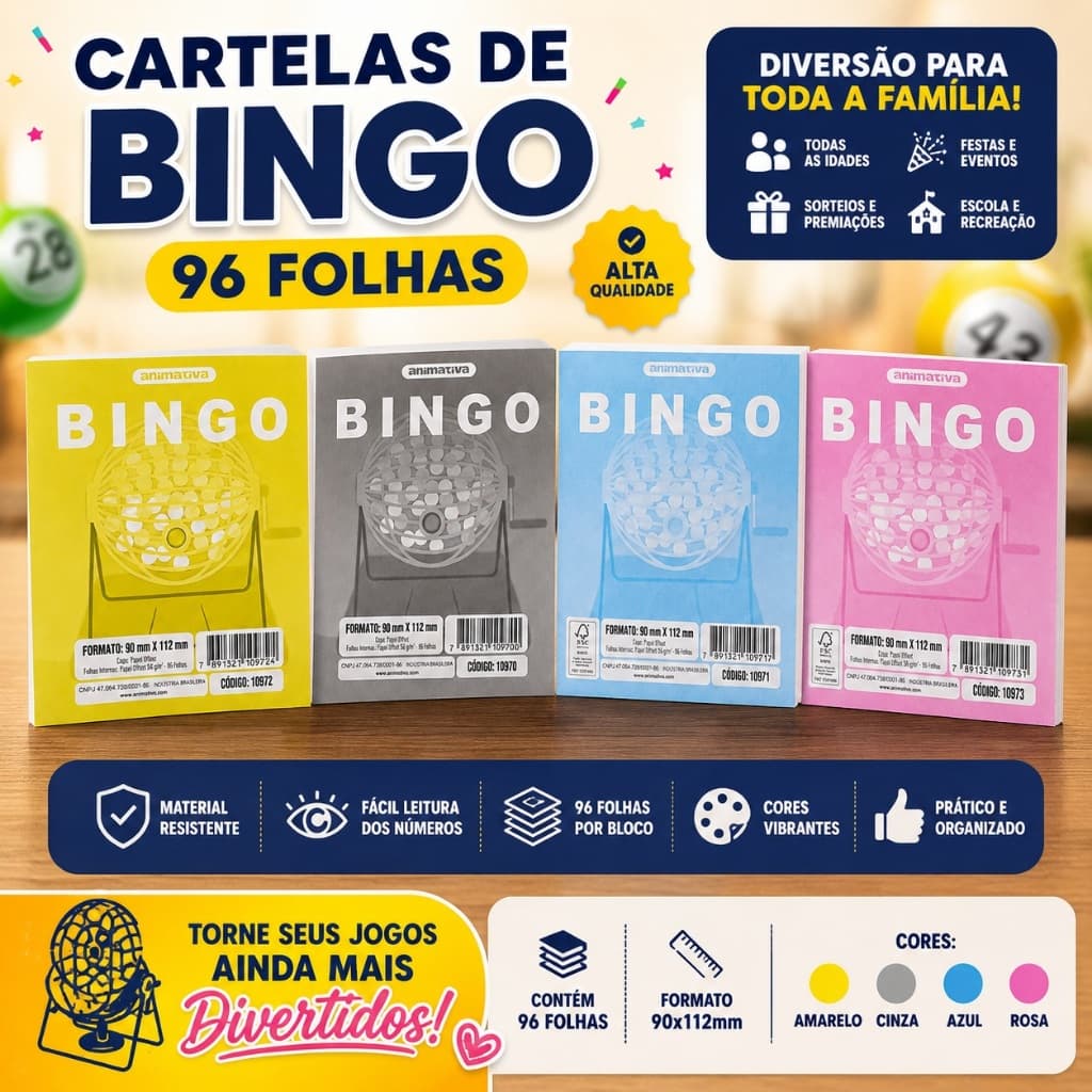 Cartela de Bingo 96 Folhas Numeradas Jogo Educativo Festa Família Diversão Sorteio Escolar Recreação Igreja