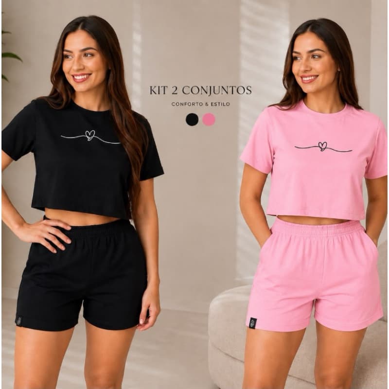 Kit 2 Conjuntos Femininos Short Moletom com Bolso Cintura Alta e Blusa Feminina Básica Estilo Cropped Bordado