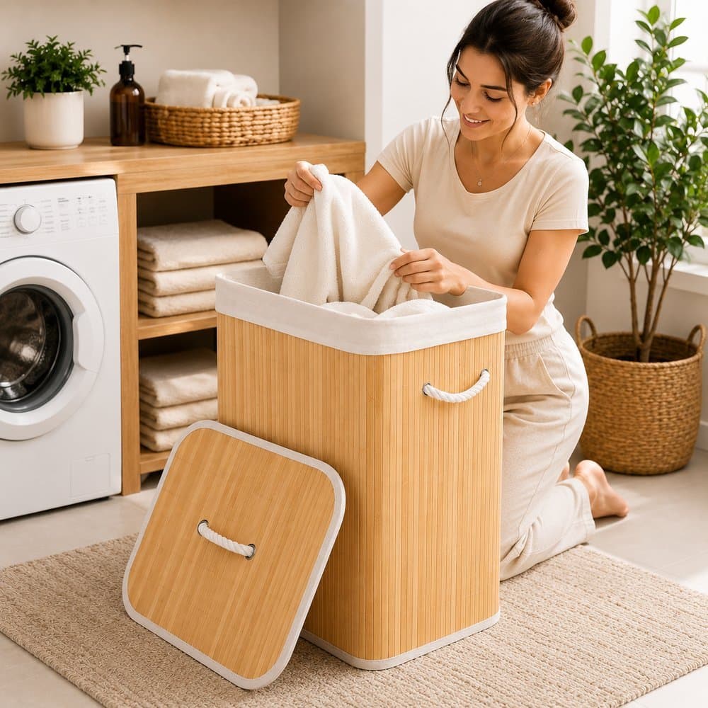 Cesto Bambu Bege Marrom Branco 70L Tampa Alças Roupa Suja Lavanderia Banheiro Quarto Closet Organizador Decoração