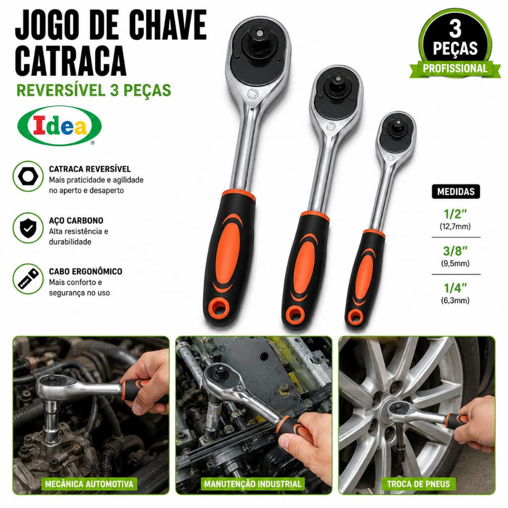 Jogo Chave Catraca Para Soquete Reversível 3pçs 1/4-1/2 e 3/8 Polegadas
