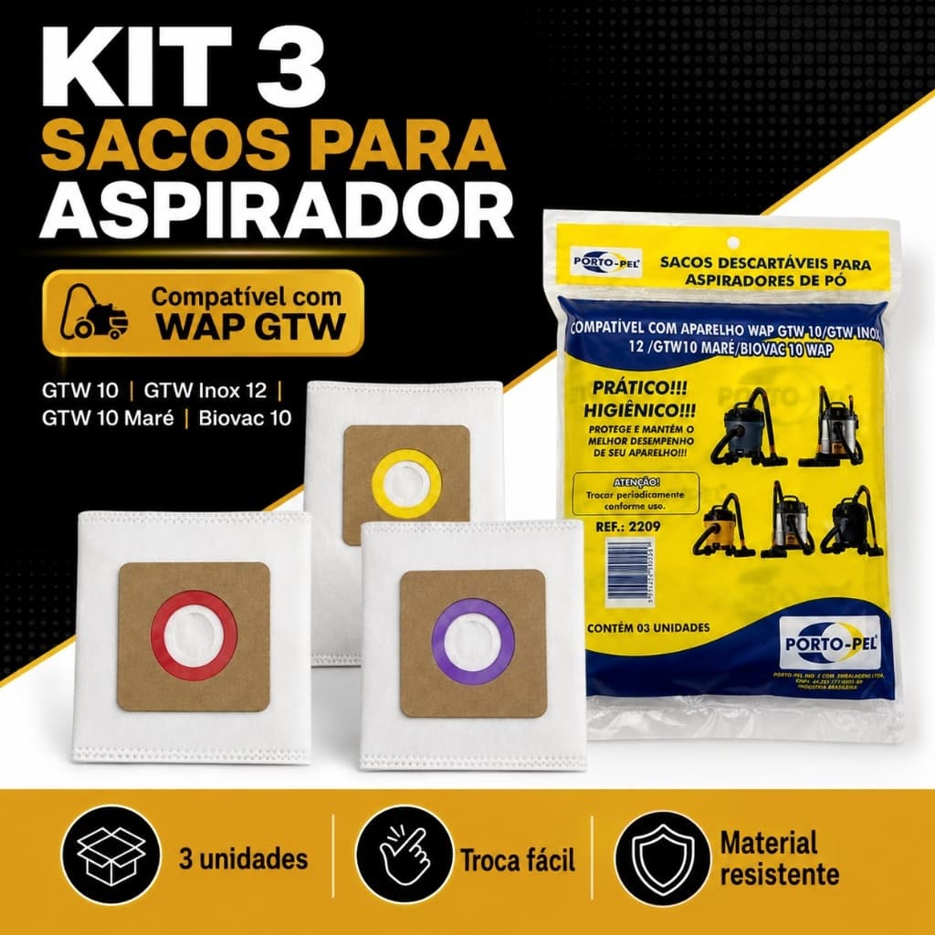Saco De Aspirador De Pó Wap Gtw10 Gtw12 Biovac 10 Kit 3 Unidades