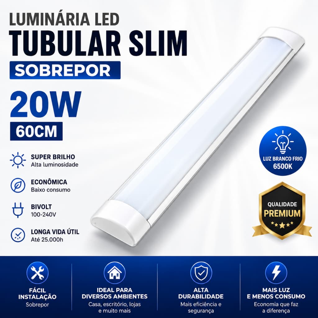 Luminária LED Sobrepor 20W 60cm Slim Branco Frio Tubular Econômica Cozinha Quarto Loja
