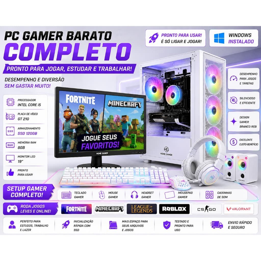 PC Gamer Barato Completo i5 GT 210 SSD 120GB RGB Gamer Branco Monitor 19 Windows