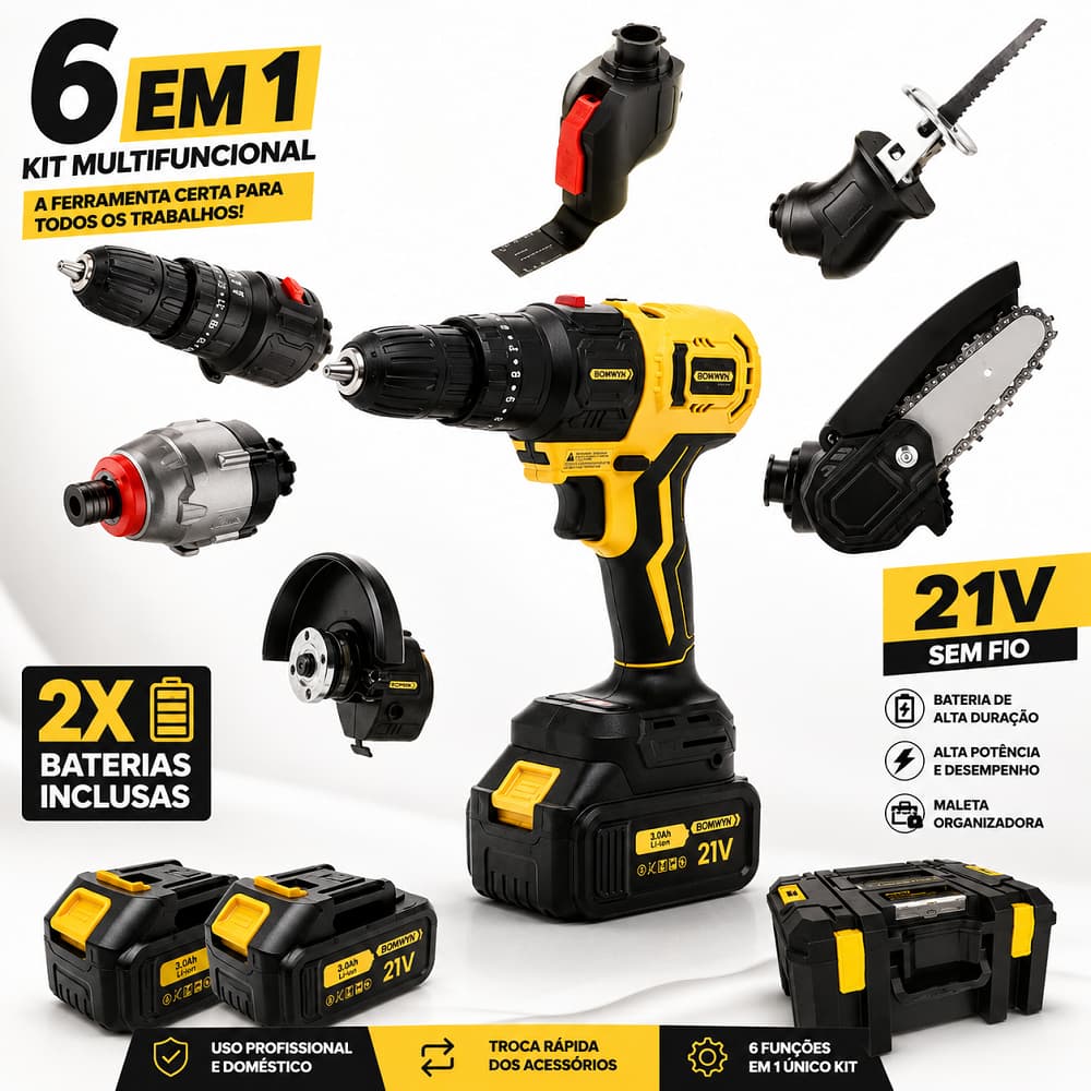 Kit 6 em 1 Parafusadeira Furadeira Motosserra 21V Sem Fio Multifuncional Recarregável Profissional
