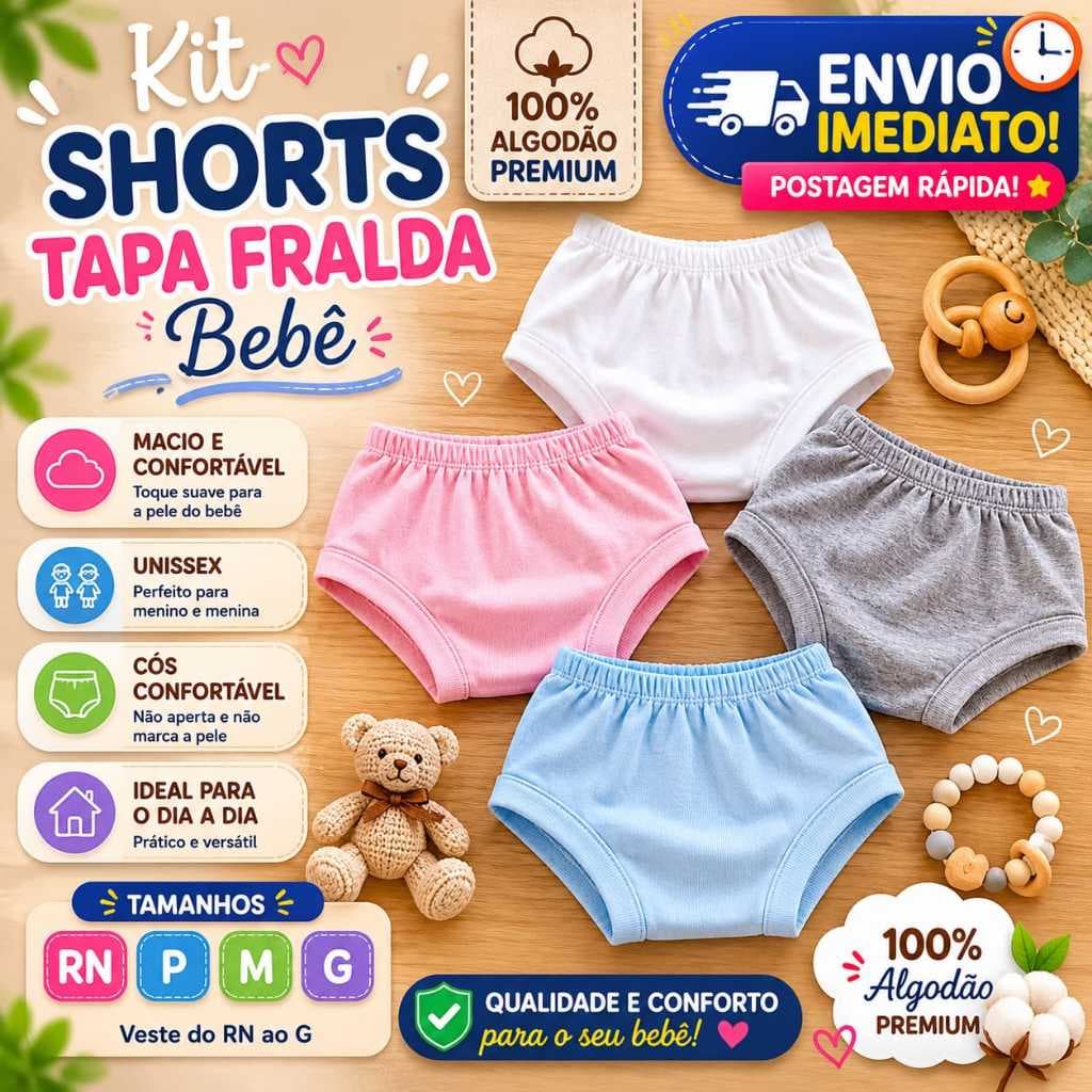 Shorts Tapa Fralda Bebe 100% Algodão Premium/Menina/Menino- /Cores Sortidas/Melhor Preço/Maisemconta/Kit 4peças