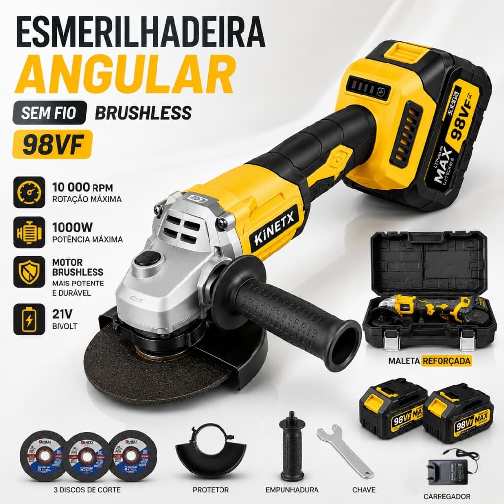 Esmerilhadeira Angular Sem Fio 125mm Motor Brushless 98V KINETX com 2 Baterias 2.4Ah 10 Células + Maleta e Kit de Corte