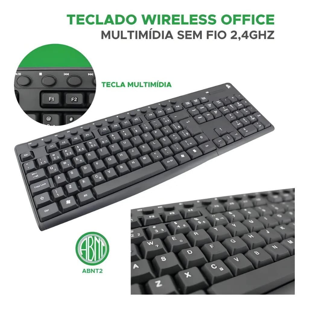 Combo Teclado e Mouse Sem Fio Compatível Notebook Pc Kit ABNT2 USB Cor Preto