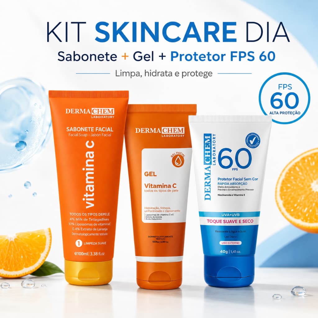 Kit Skincare Dia Vitamina C Dermachem Sabonete 100ml + Gel Facial 100g + Protetor Solar FPS 60