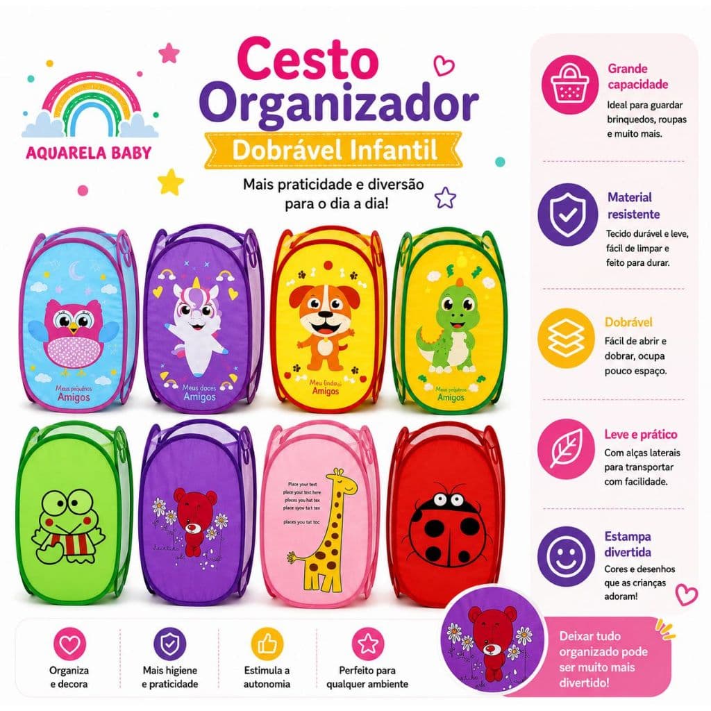 Cesto Organizador Roupas Brinquedos  Infantil  Dobrável Menina e Menino