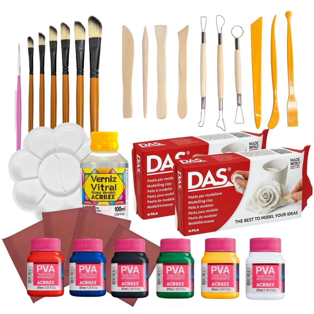 Kit Cerâmica Fria Das + Tinta Pva Acrilex + Verniz Acrilex + Ferramentas + Pinceis + Godê Paleta + Lixas Completo