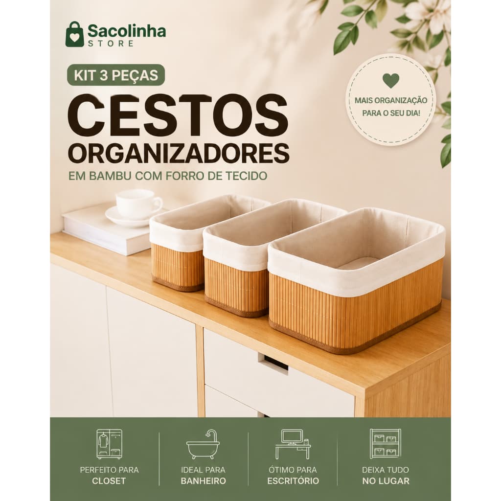 Kit 3 Cestos Organizadores em Bambu com Forro de Tecido Organizador Multiuso para Closet Banheiro e Escritório