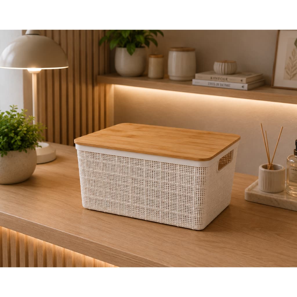 Caixa Organizadora Tampa de Bambu 4 Litros Branca Kit Oikos Multiuso Cestos Porta Natural Banheiro Chá Divisórias Casa
