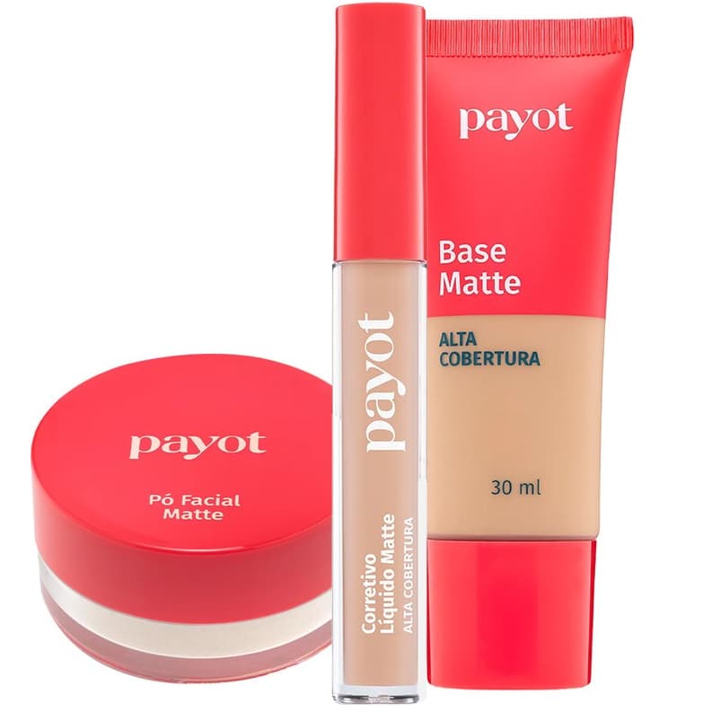 Kit Maquiagem Payot Matte Alta Cobertura: Base Liquida + Corretivo + Pó Facial - Escolha Suas Cores