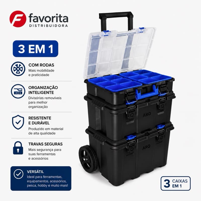 KIT Caixa de Ferramentas Modular 3 em 1 Ultra Box com Rodas  Resistente TOY 26036