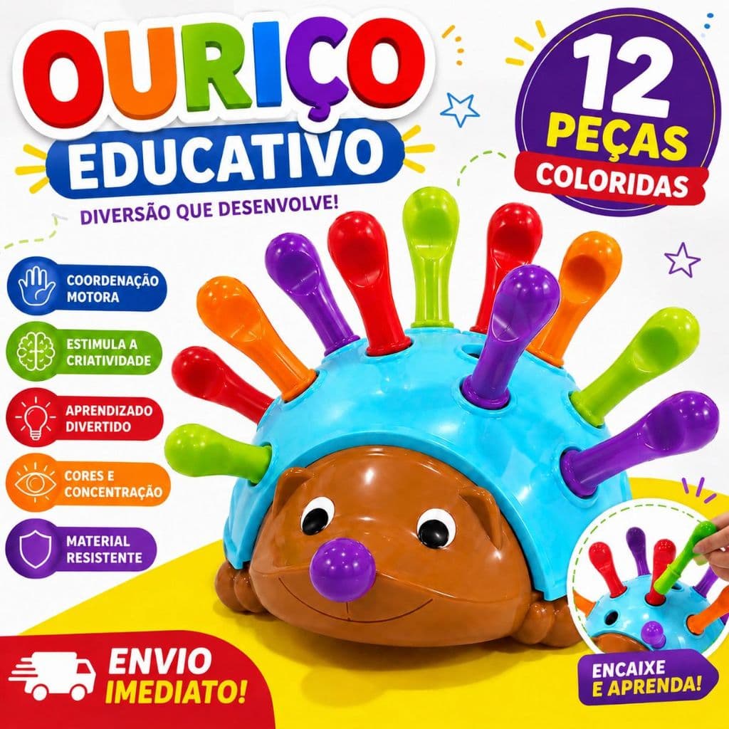 Ouriço Colorido Brinquedo Educativo Aprendizagem Sensorial Coordenação Motora Bebê Infantil Criança