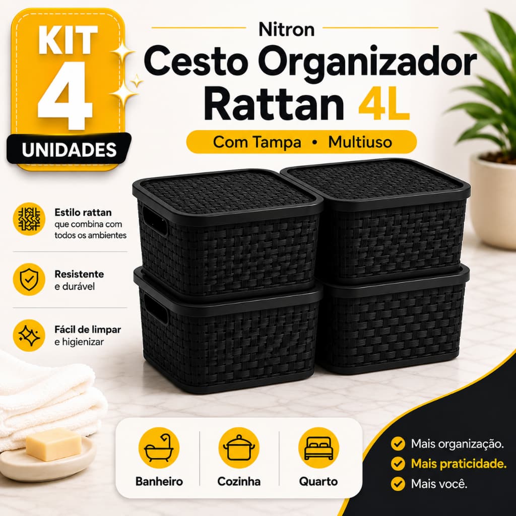 Kit Cesto Organizador 4L Com Tampa Caixa Organizadora Multiuso Decorativa Banheiro Cozinha Quarto