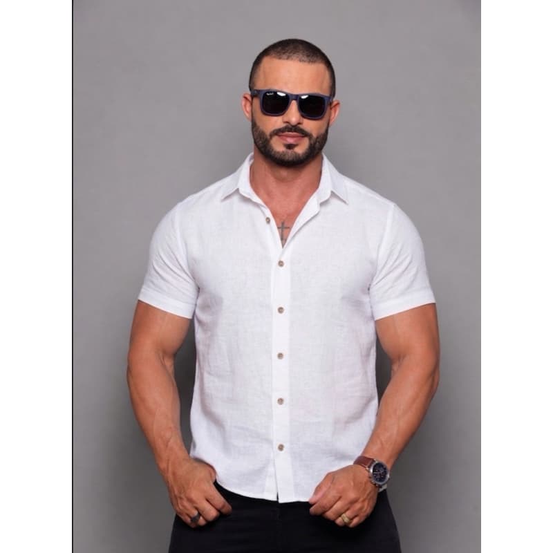 Camisa Linho Manga Curta Premium Social Slim Masculina