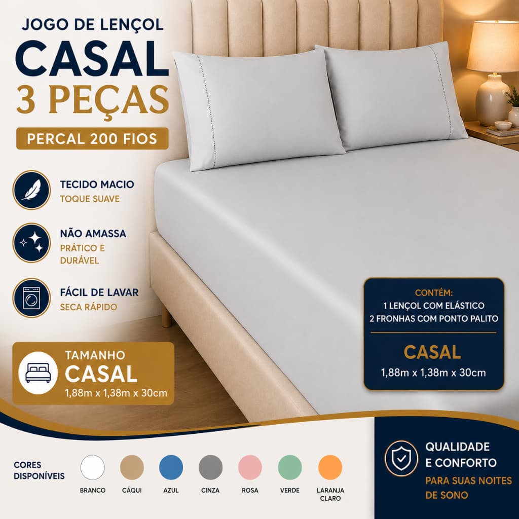 Jogo De Lençol Casal 200 Fios 3 Peças 100% Algodão