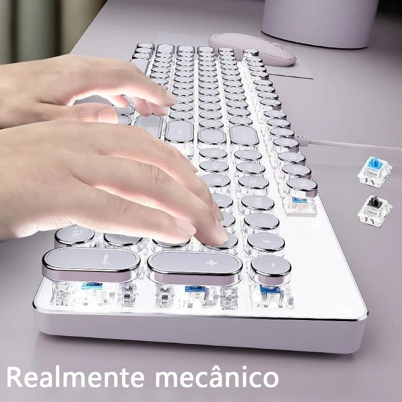 Kit Completo Teclado Mecânico Retro Punk + Mouse Gamer Iluminado RGB para PC Gamer H7