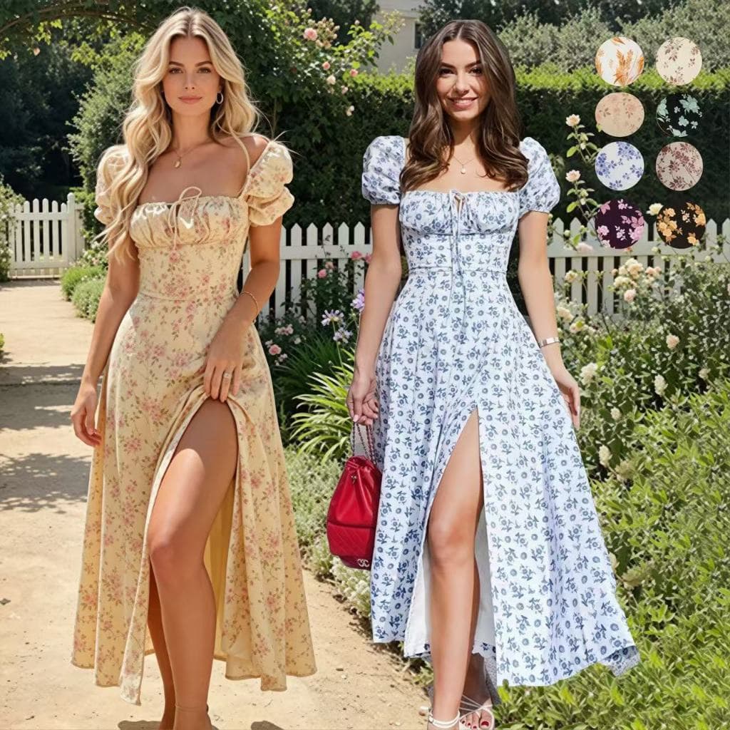 Vestido Francês Estampa Floral Gola Quadrada Fenda e Costas Abertas Vestido Elegante Feminino