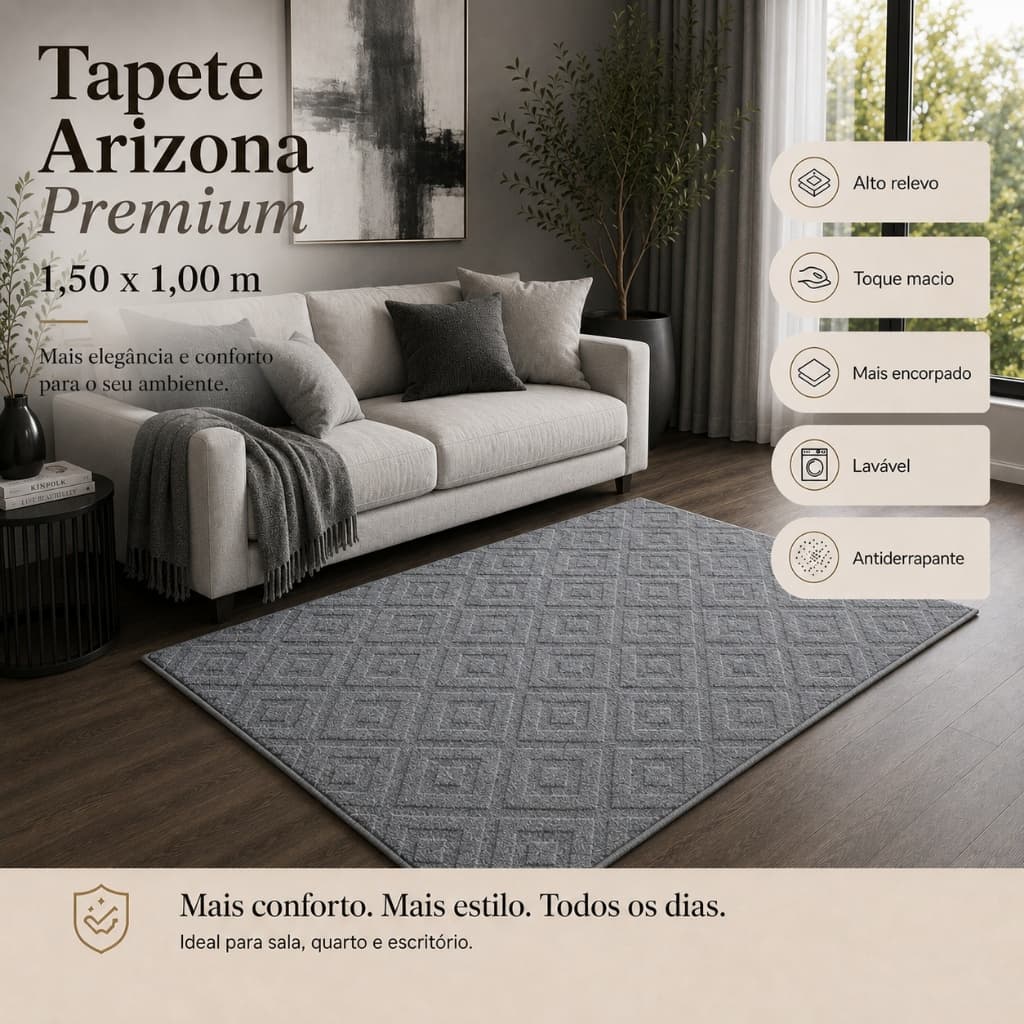 Tapete Sala Cinza 1,50X1,00 Geométrico Alto Relevo Premium Macio Antiderrapante Quarto Escritório