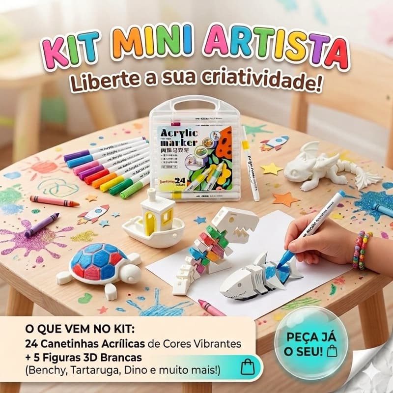 Kit Mini Artista: Pinte Seus Próprios Brinquedos 3D (5 Peças + 24 Canetas Acrílicas) - Brinquedo Educativo/Criatividade