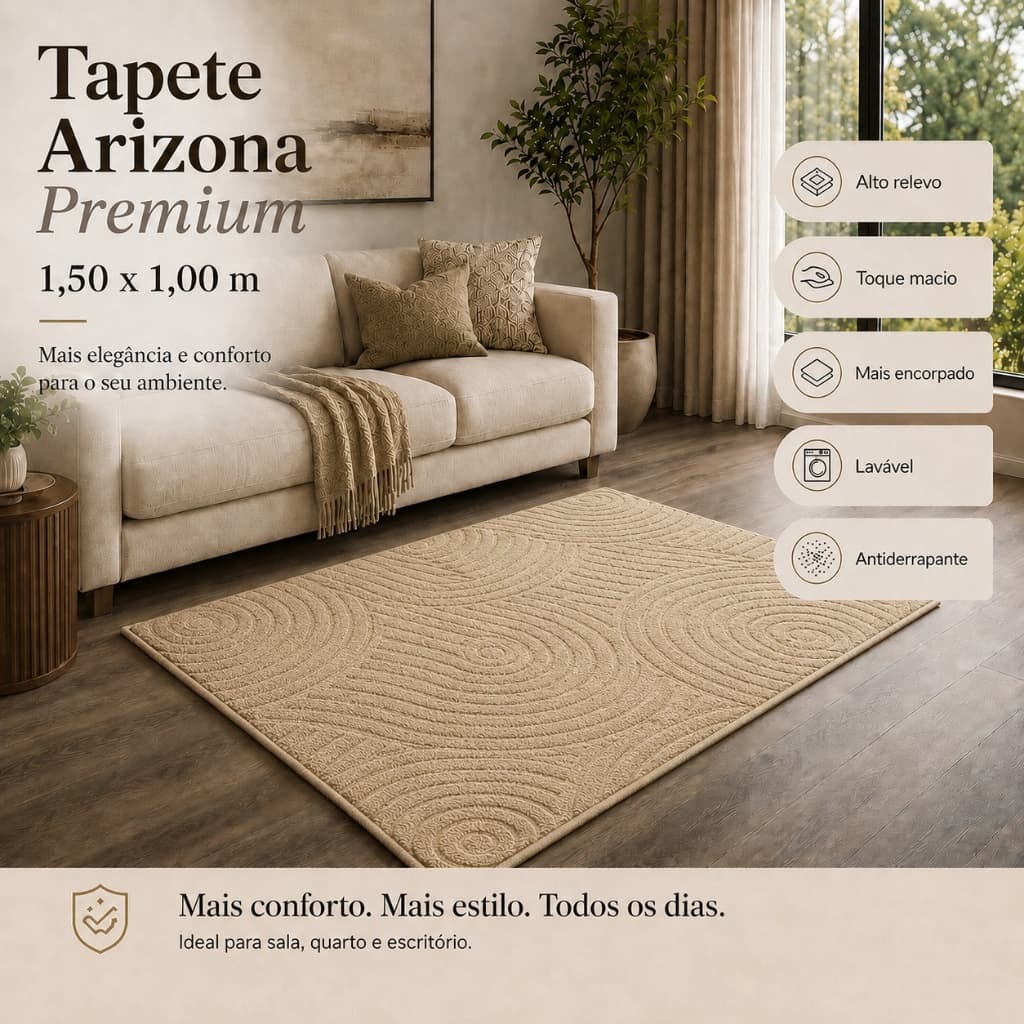 Tapete Sala Bege 1,50X1,00 Alto Relevo Premium Macio Antiderrapante Quarto Escritório
